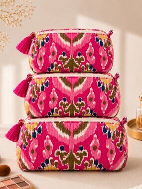 Set of 3 Hot Pink Tribal Ikat Block Print Cosmetic Pouch Quilted Toiletry Bag